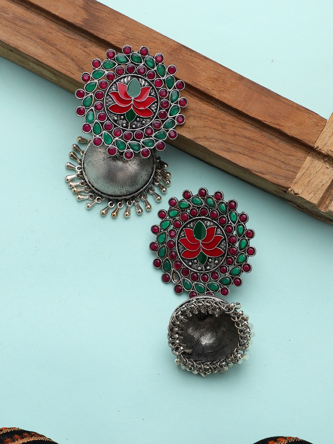 

Mali Fionna Women Red Oxidised Jhumkas Earrings