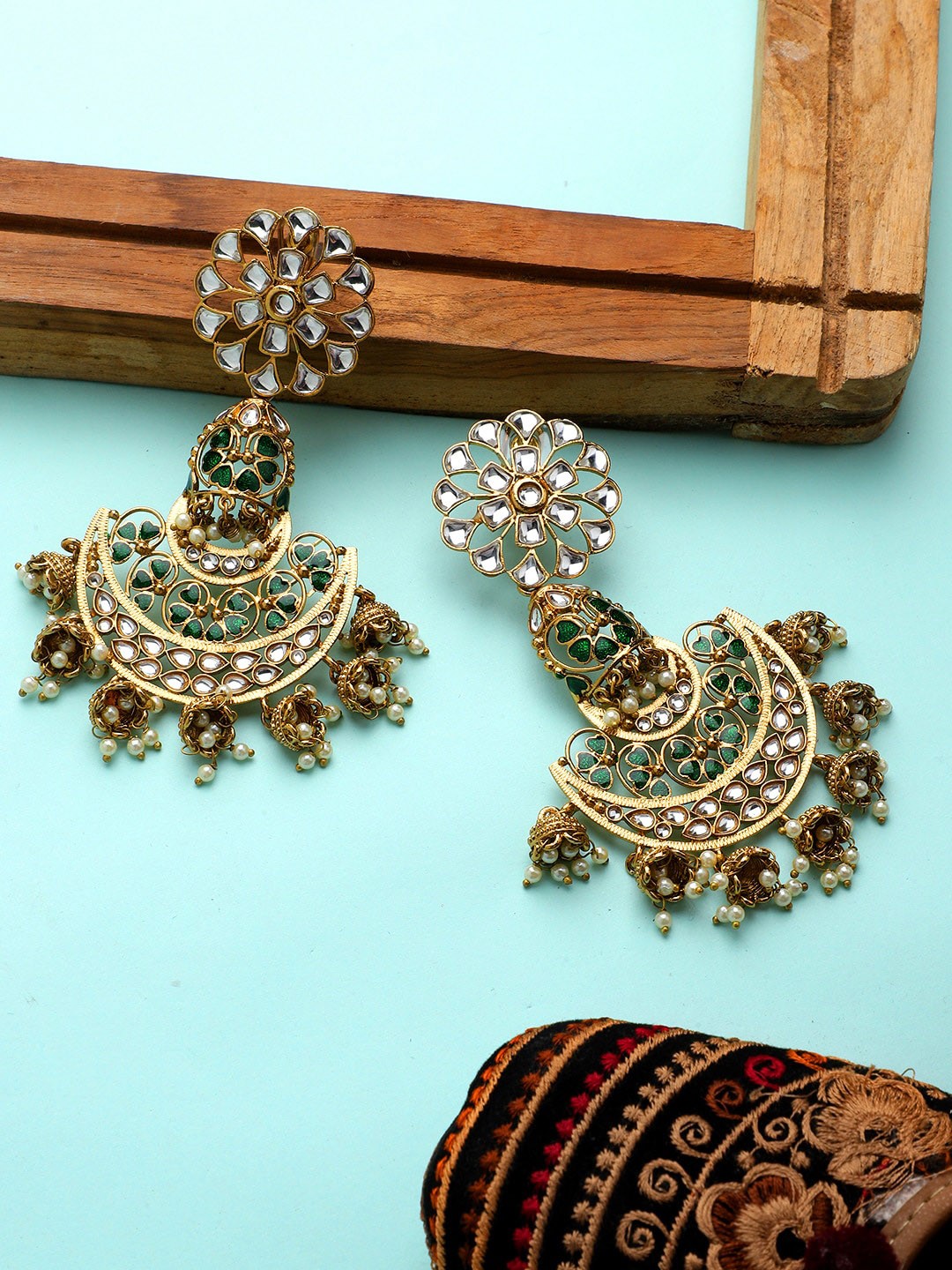 

Mali Fionna Gold-Toned & Green Contemporary Chandbalis Earrings