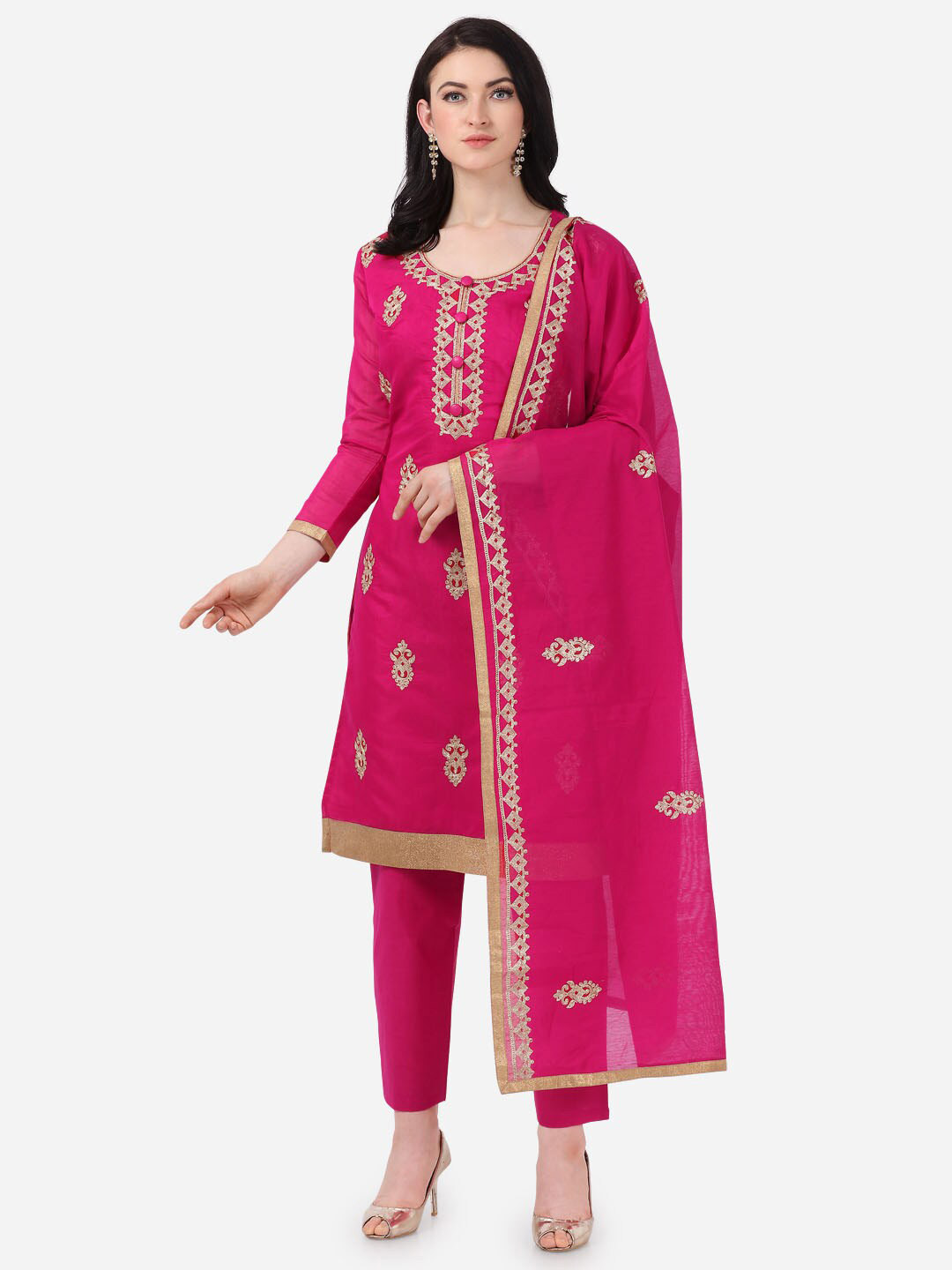 

mf Pink & Gold-Toned Embroidered Unstitched Dress Material