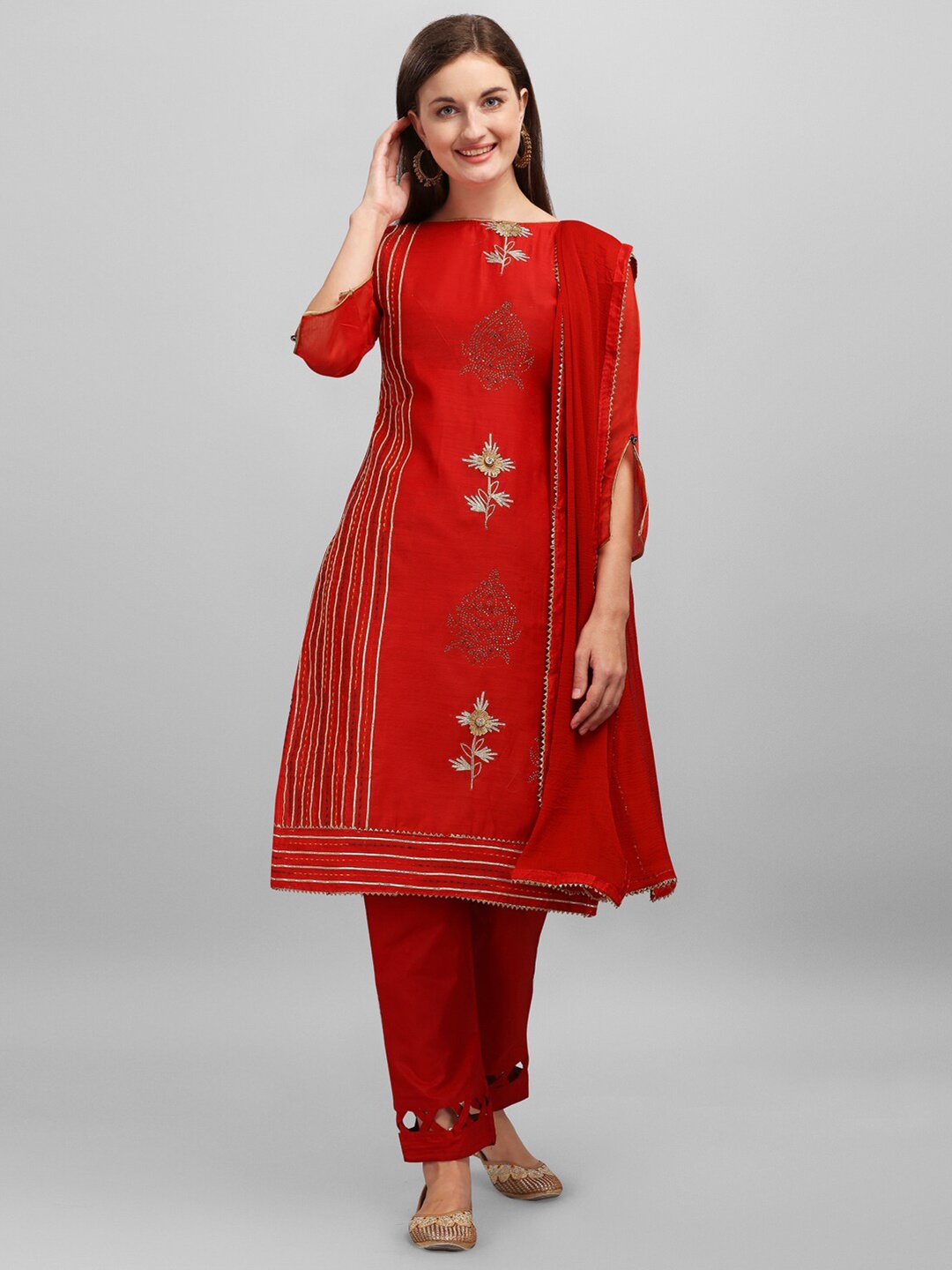 

mf Women Red & Gold-Toned Embellished Unstitched Dress Material