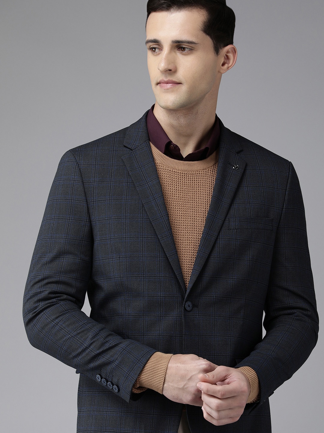 

Van Heusen Men Navy Blue Checked Slim Fit Single-Breasted Formal Blazer