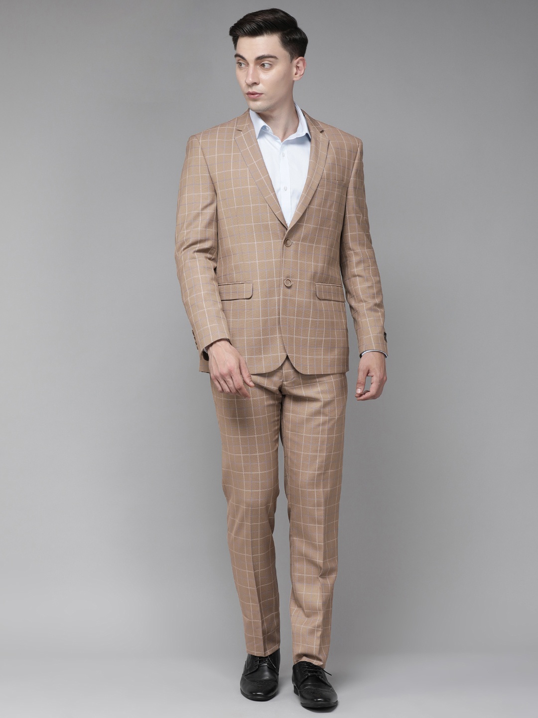 

Van Heusen Men Beige Checked Single-Breasted Slim Fit Formal Suit