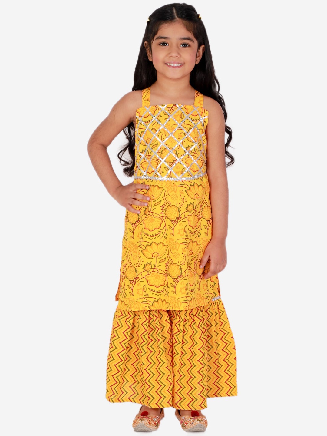

Superminis Girls Yellow Floral Printed Gotta Patti Pure Cotton Top with Sharara