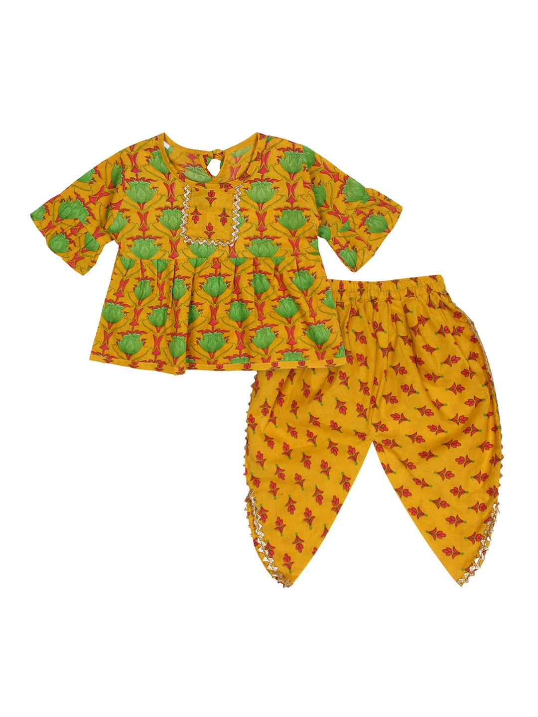 

Superminis Girls Yellow & Green Printed Pleated Pure Cotton Kurti with Salwar