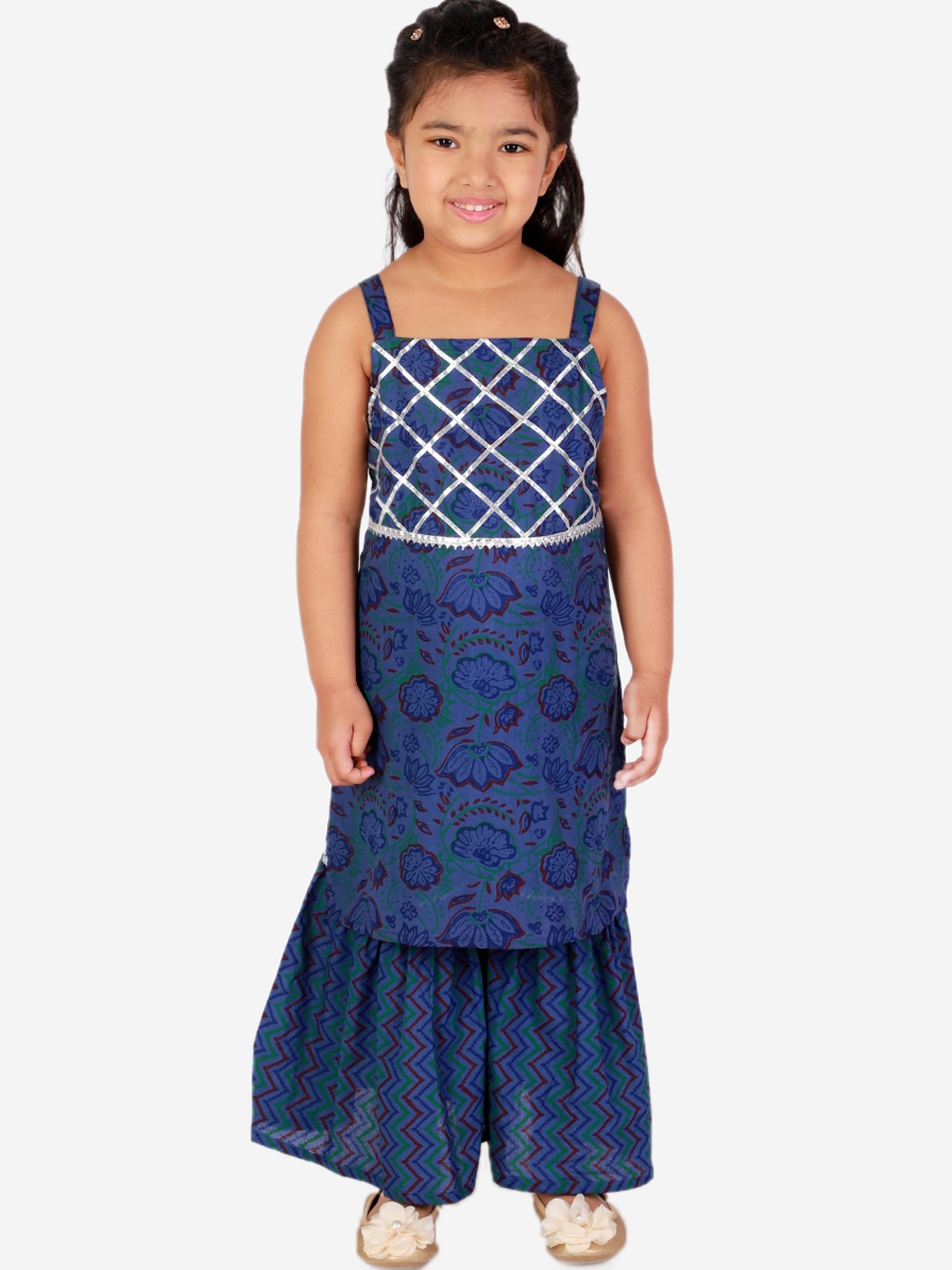 

Superminis Girls Blue & Red Floral Printed Pure Cotton Kurta with Sharara