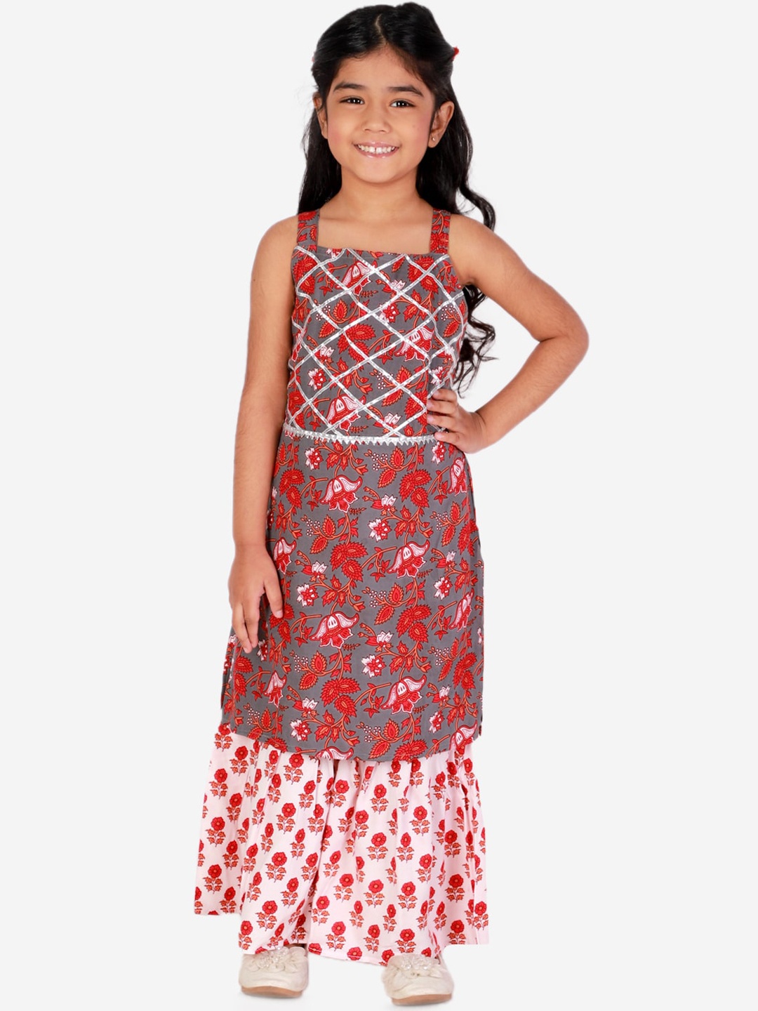 

Superminis Girls White Floral Printed Pure Cotton Kurta with Sharara