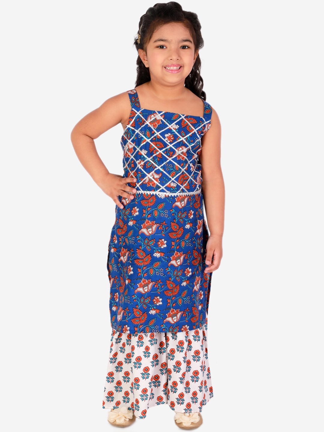 

Superminis Girls Blue & White Ethnic Motifs Printed Pure Cotton Kurta With Sharara