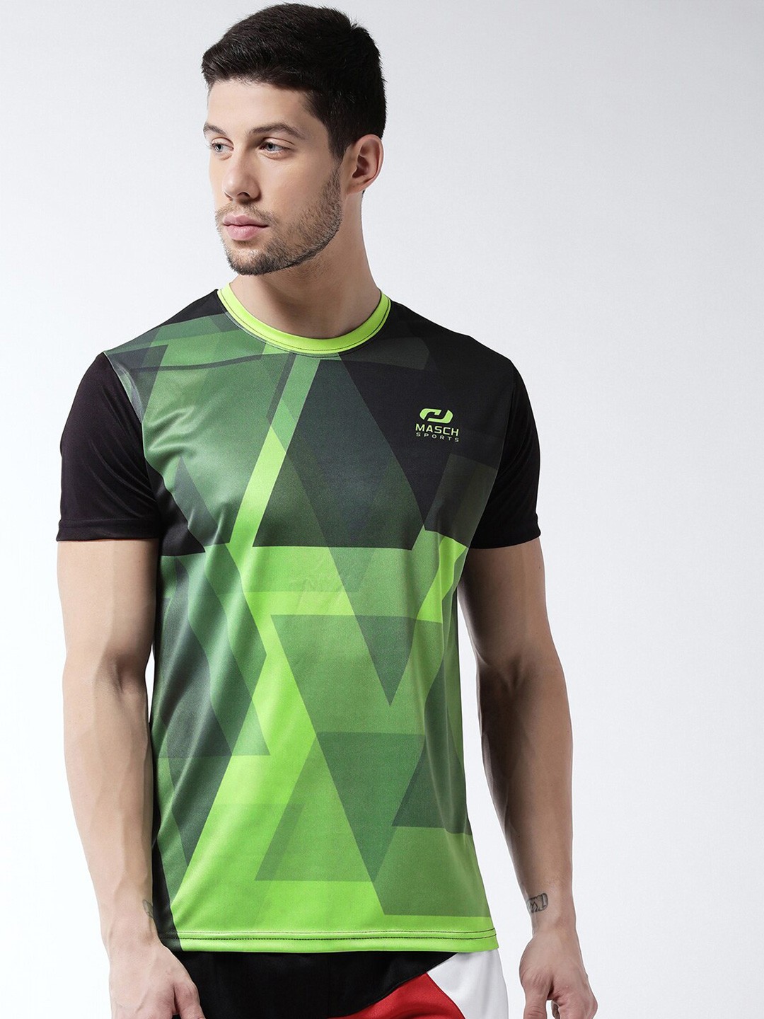 

Masch Sports Men Black & Green Printed Dri-Fit Sports T-shirt