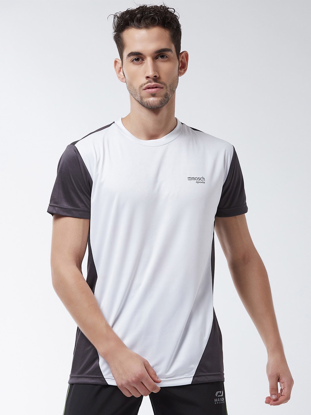 

Masch Sports Men White & Charcoal Colourblocked Dry Fit Training or Gym T-shirt