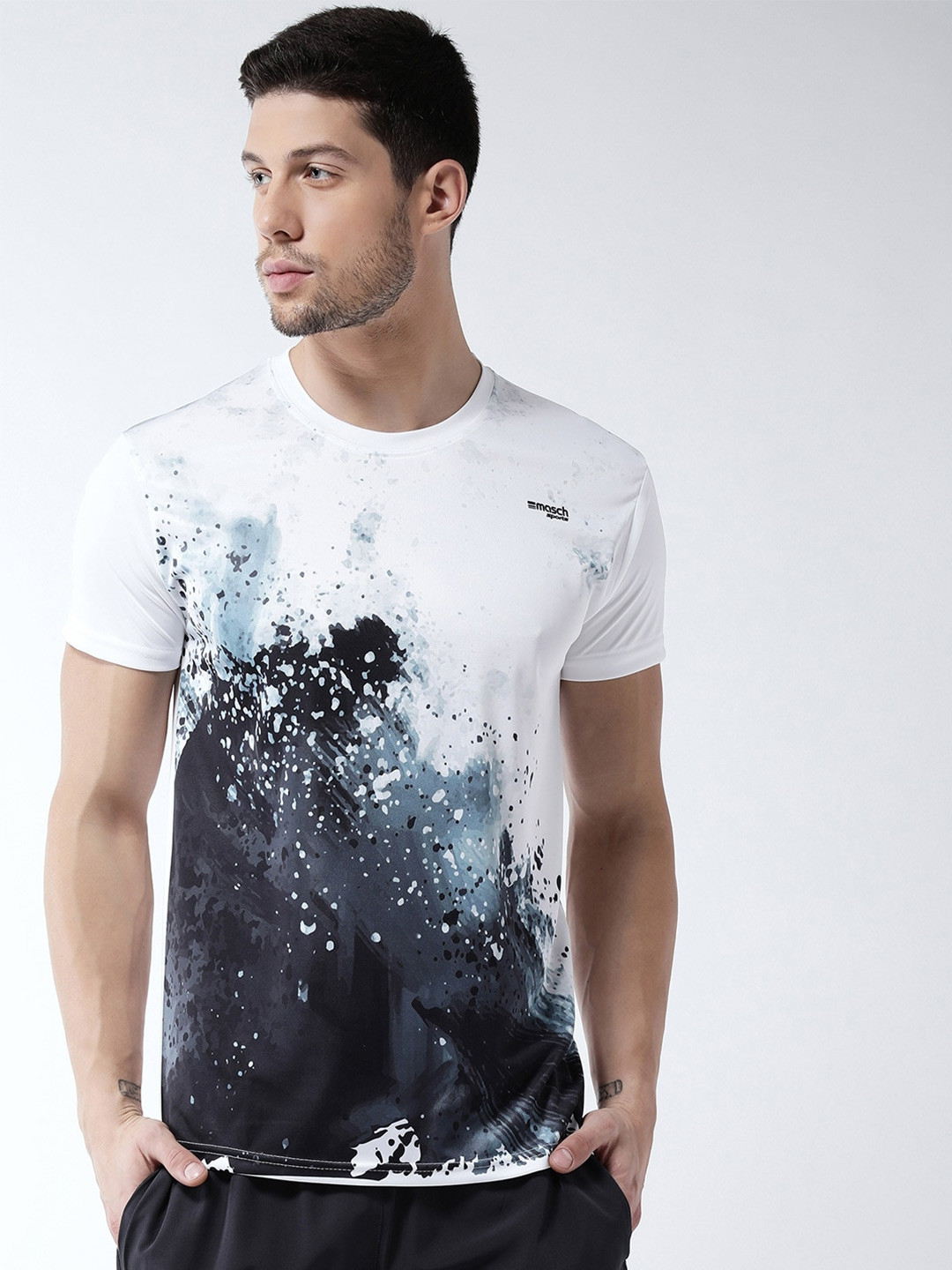 

Masch Sports Men White & Black Printed Training or Gym Dri-Fit T-shirt