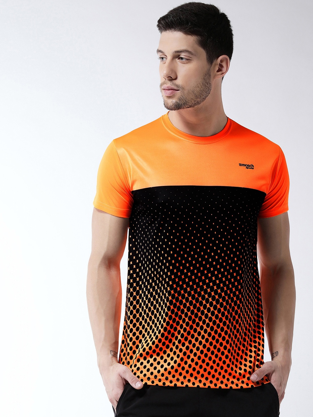 

Masch Sports Men Orange & Black Printed Dry Fit Training or Gym T-shirt