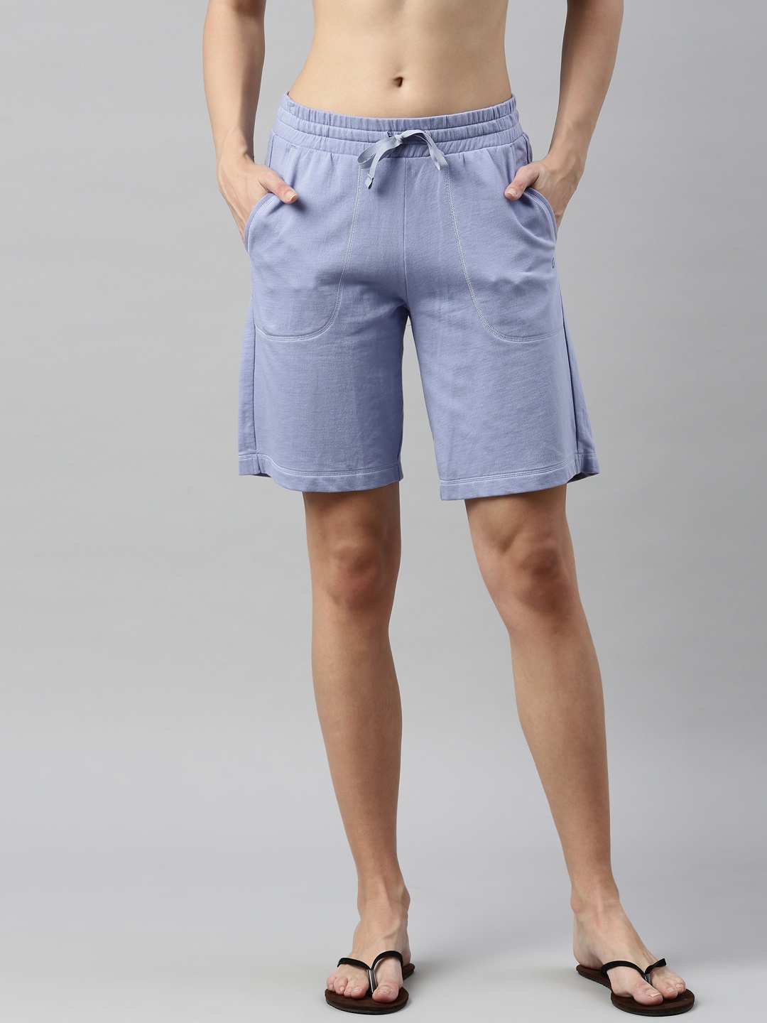 

Enamor Women Solid Relaxed Fit Mid-Rise Cotton Lounge Shorts, Blue