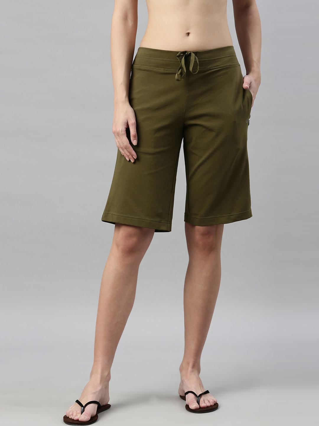 

Enamor Women Mid-Rise Stretch Cotton City Shorts E044, Green