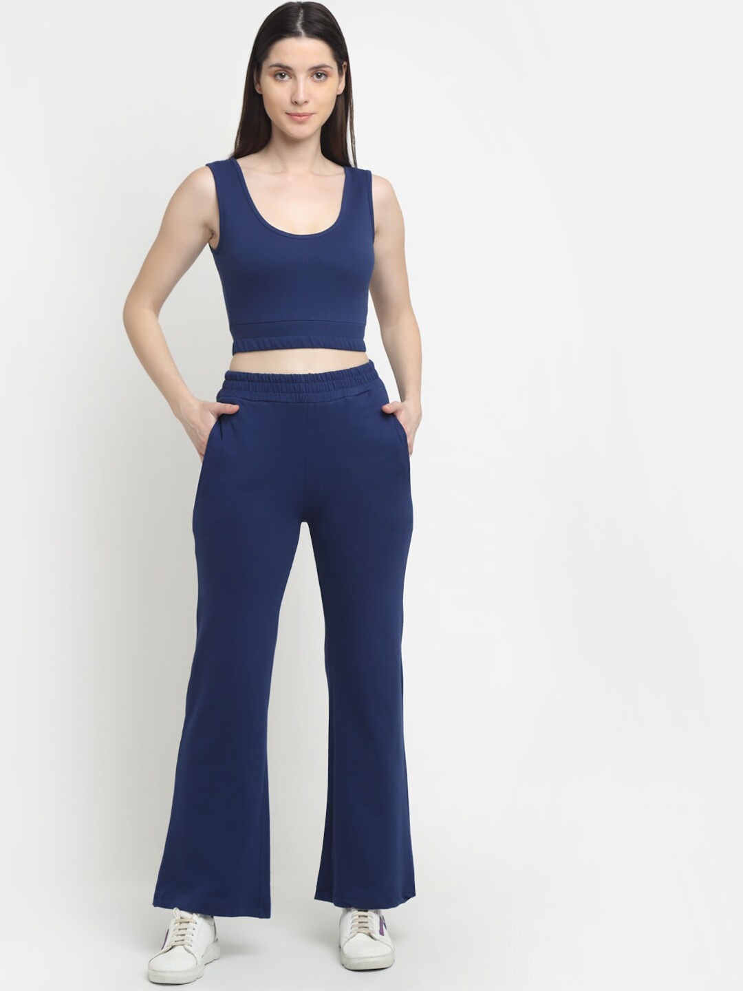 

EVERDION Women Navy Blue Flared Track Pant and Crop Top Tracksuits