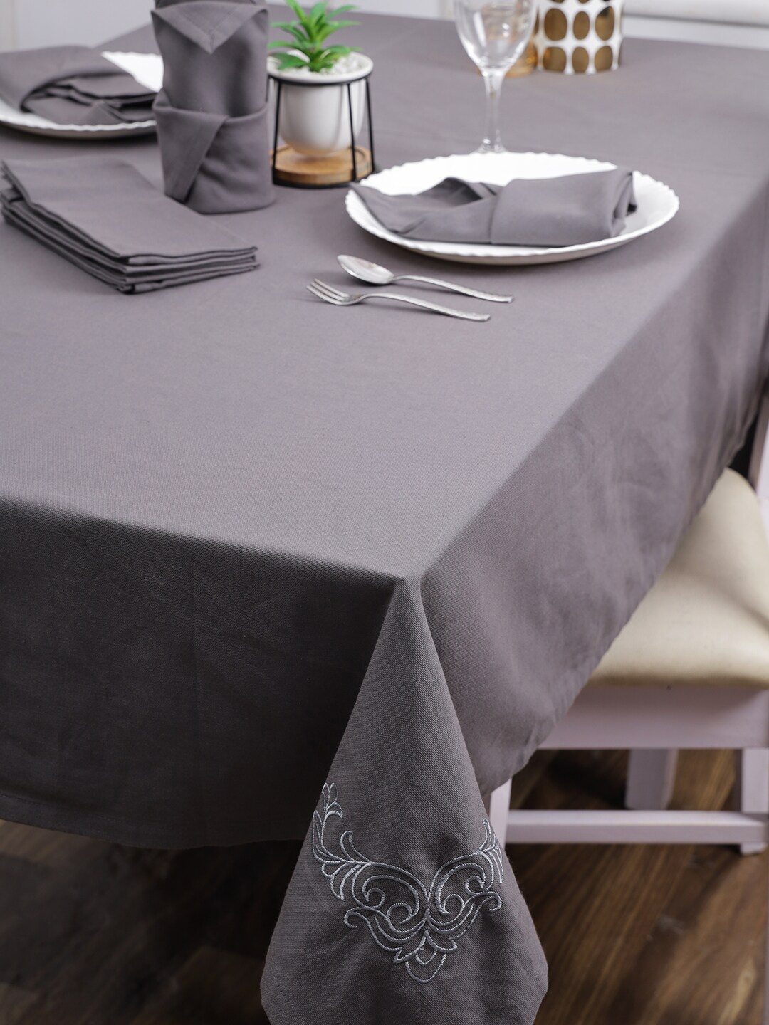 

Soumya Set Of 7 Pure Cotton Table Cover Set, Grey