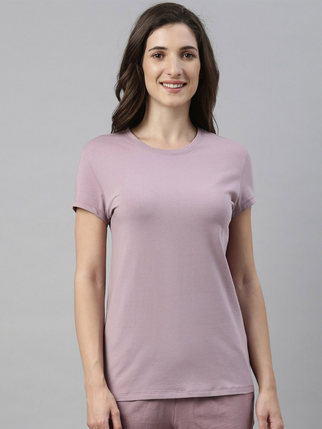 

Enamor Women Mauve Solid Slim Fit Cotton T-shirt