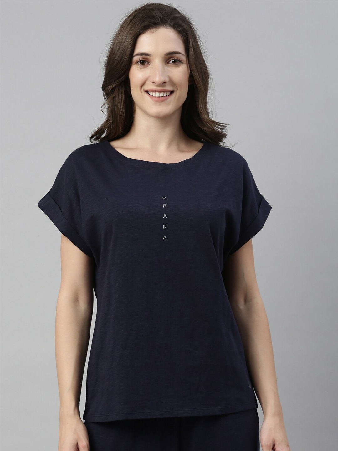 

Enamor Women Navy Blue Extended Sleeves Pure Cotton T-shirt