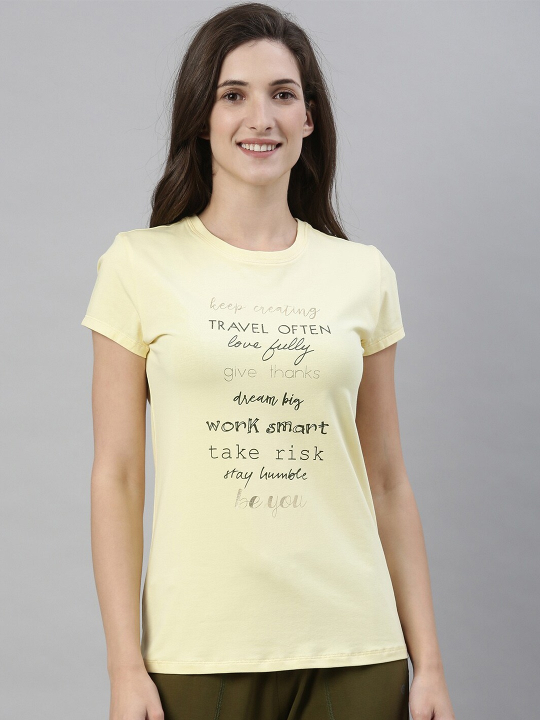 

Enamor Women Yellow Typography Printed Slim Fit Cotton T-shirt