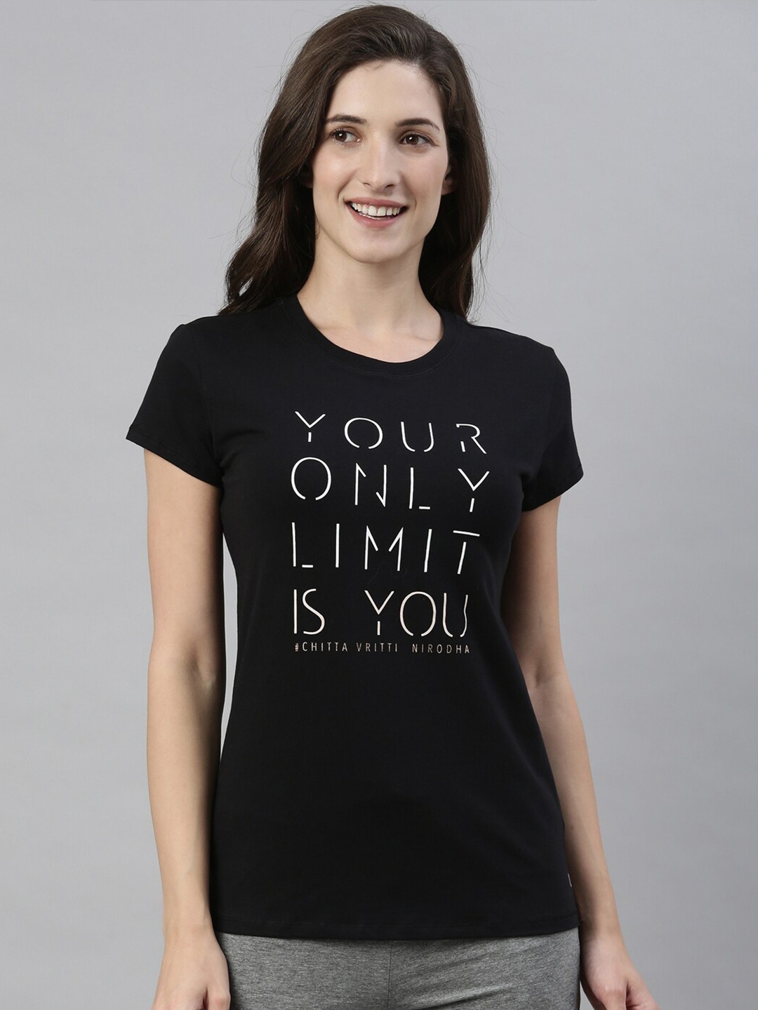 Enamor Women Black Typography Printed Slim Fit Cotton T-shirt