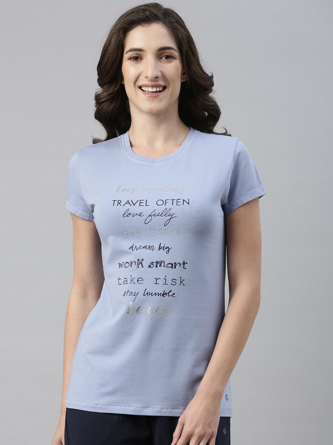 Enamor Women Blue Typography Printed Applique Slim Fit T-shirt