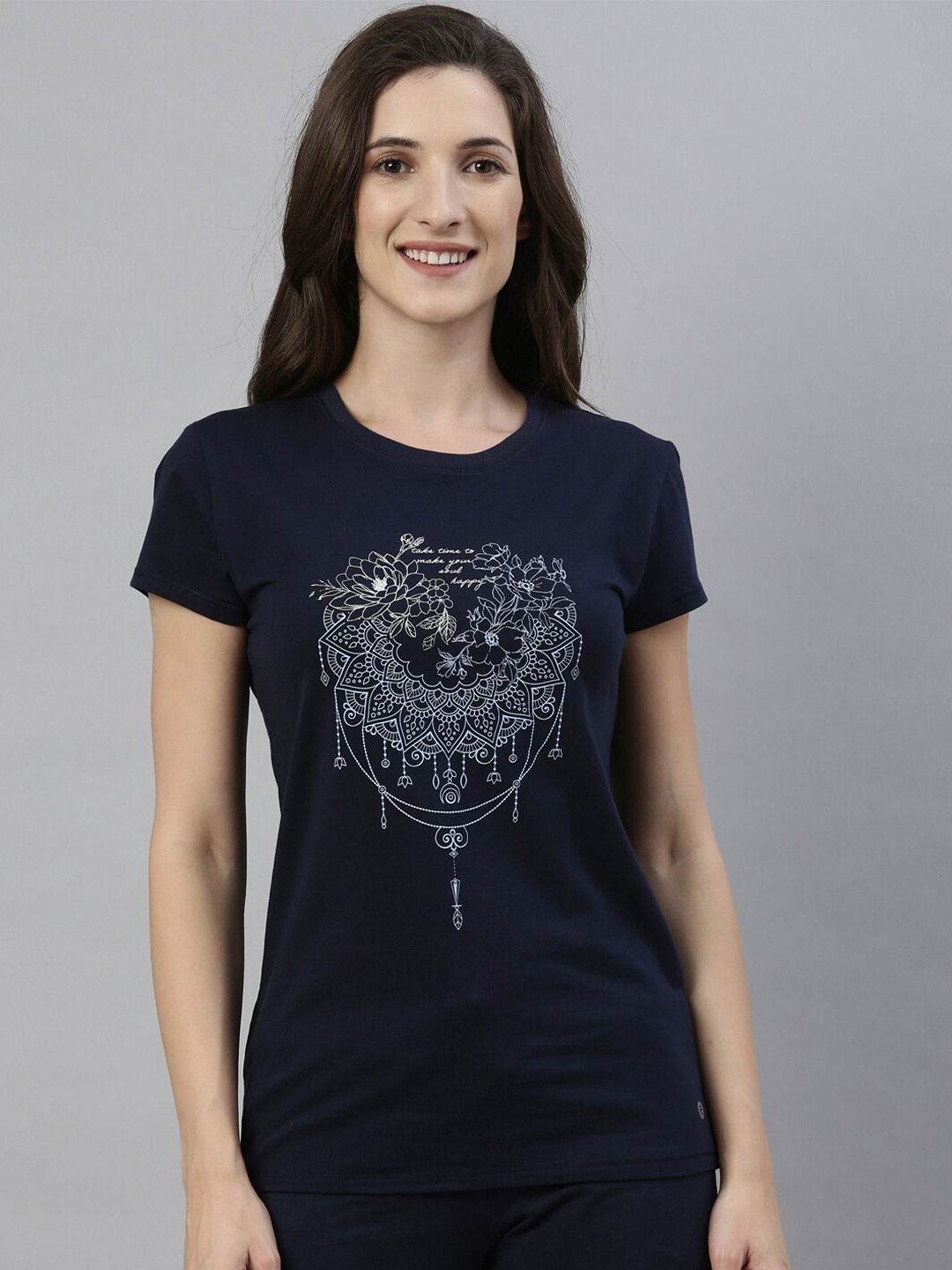 

Enamor Women Navy Blue Graphic Printed Slim Fit Cotton T-shirt