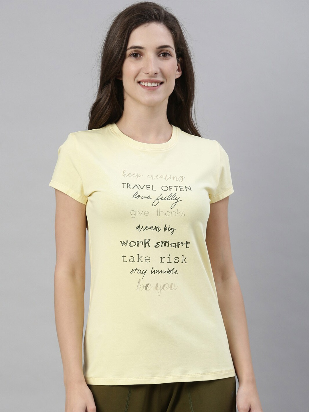

Enamor Women Yellow Typography Printed Slim Fit Cotton T-shirt
