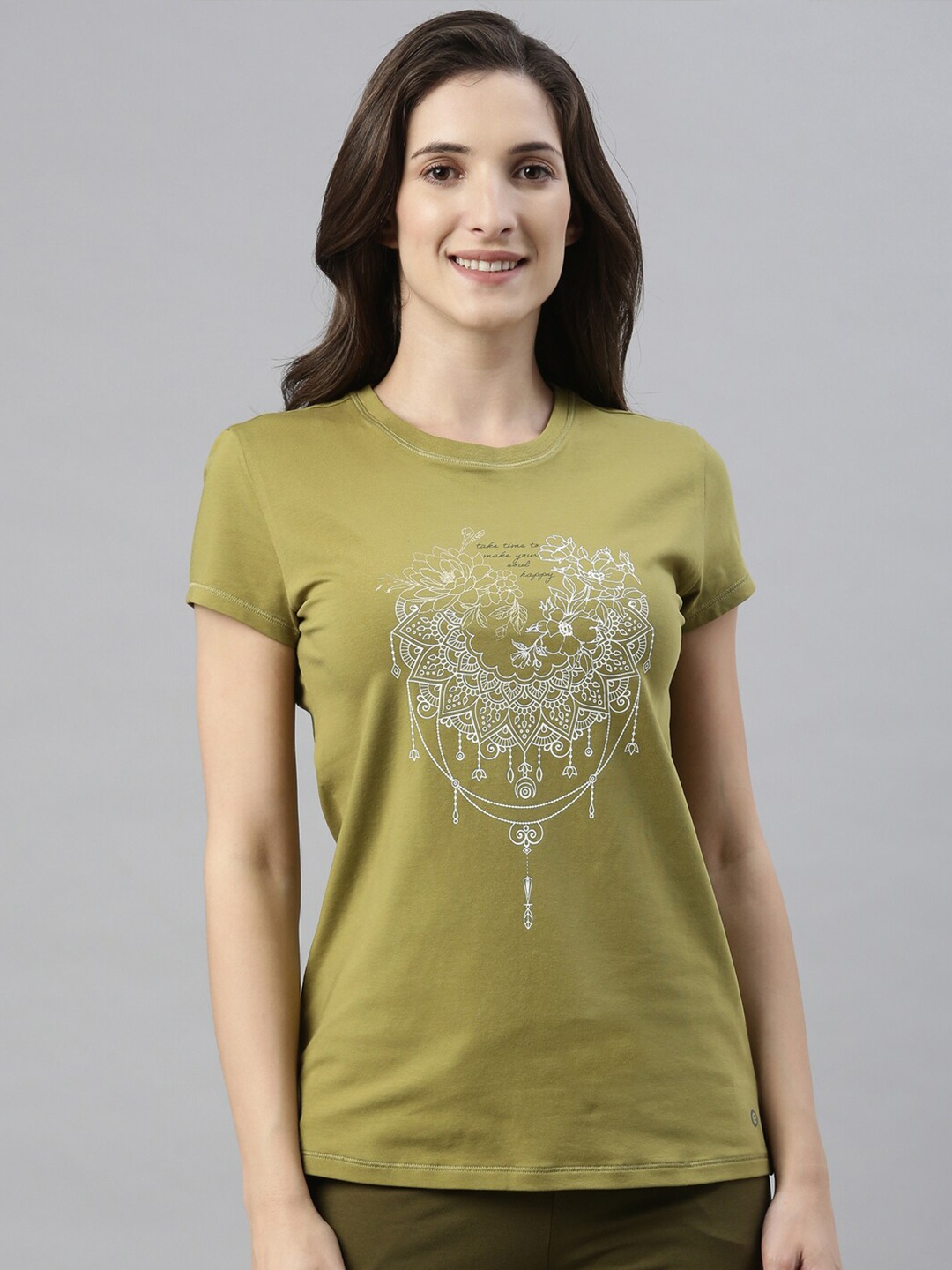 

Enamor Women Green Printed Slim Fit Cotton T-shirt