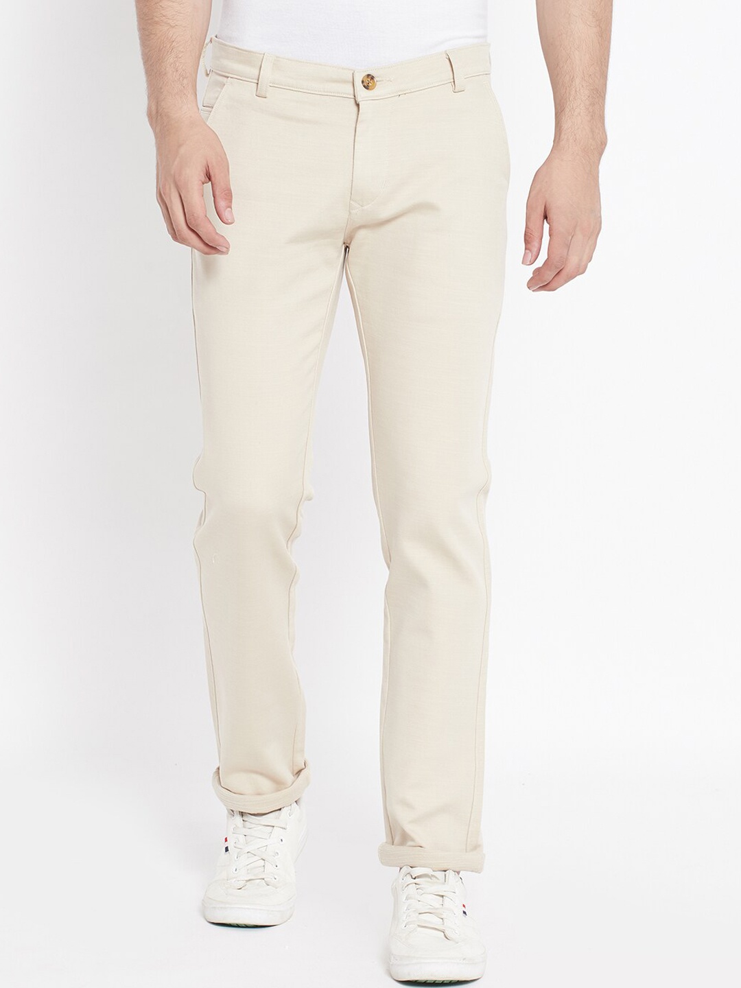 

TNG Men Cream-Coloured Cotton Solid Slim Fit Trousers