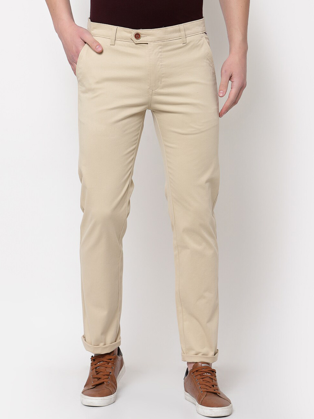 

TNG Men Beige Cotton Solid Slim Fit Trousers