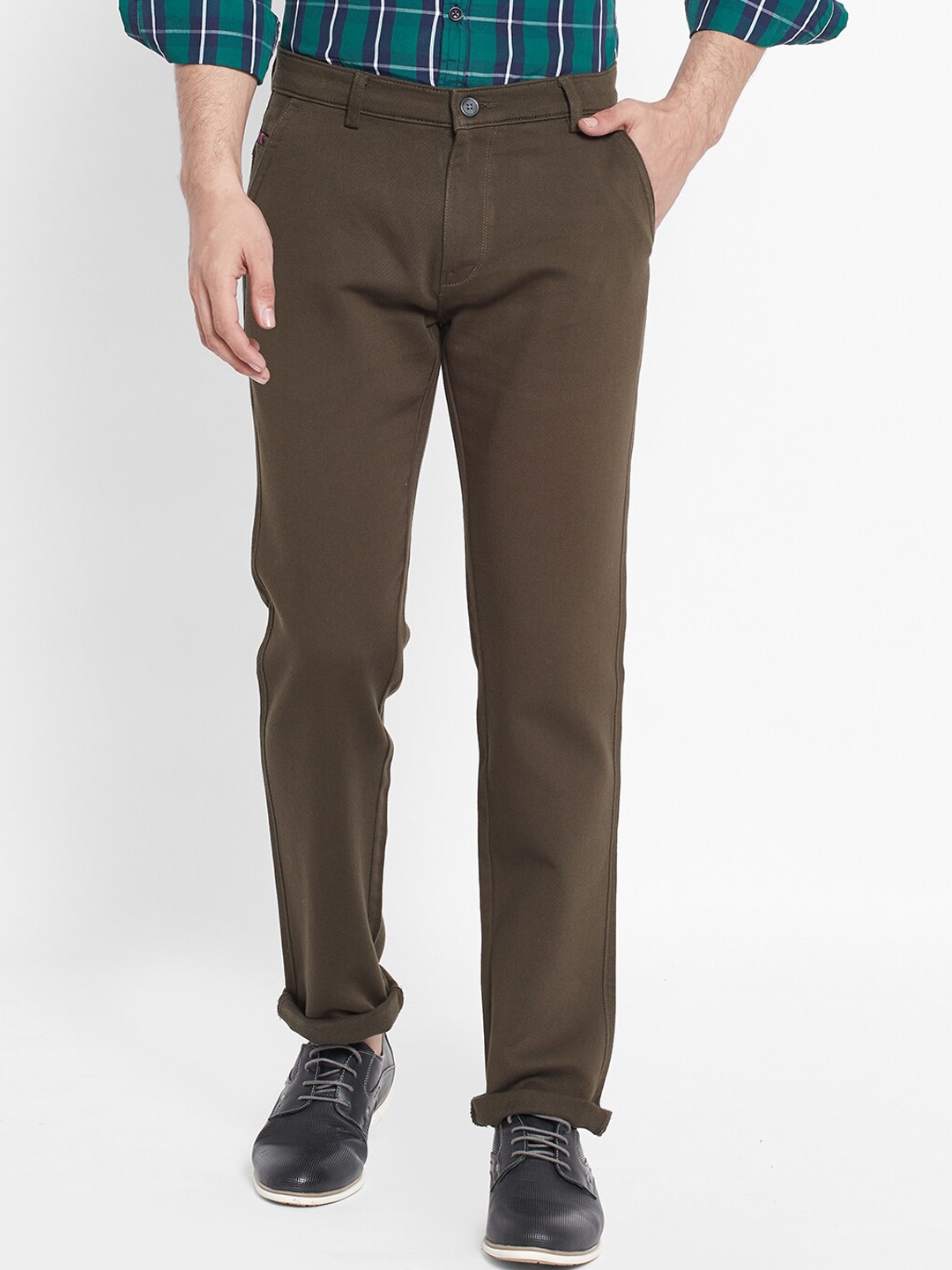 

TNG Men Olive Green Cotton Solid Slim-Fit Trousers