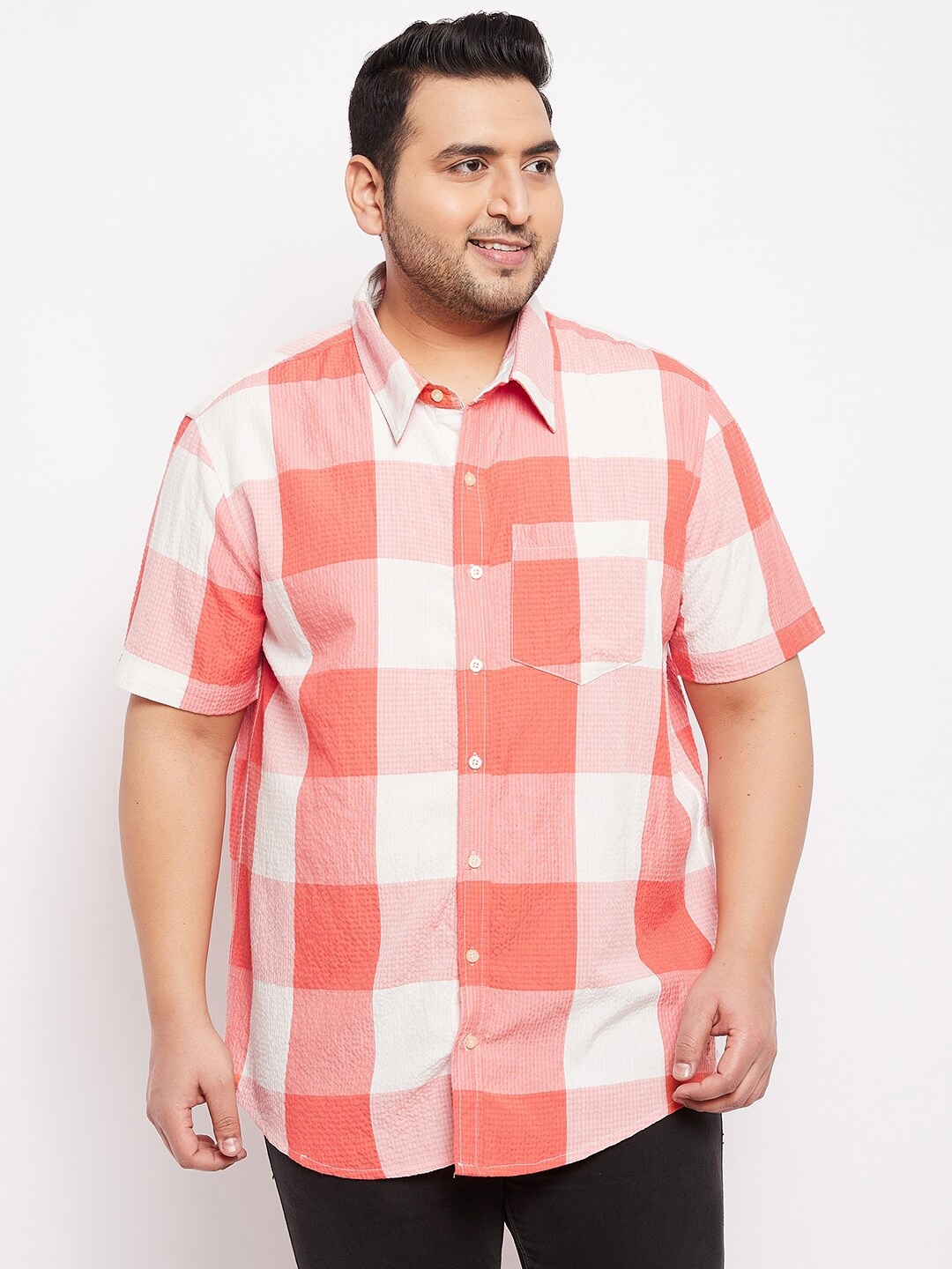 

bigbanana Men Orange Plus Size Classic Buffalo Checks Checked Casual Shirt