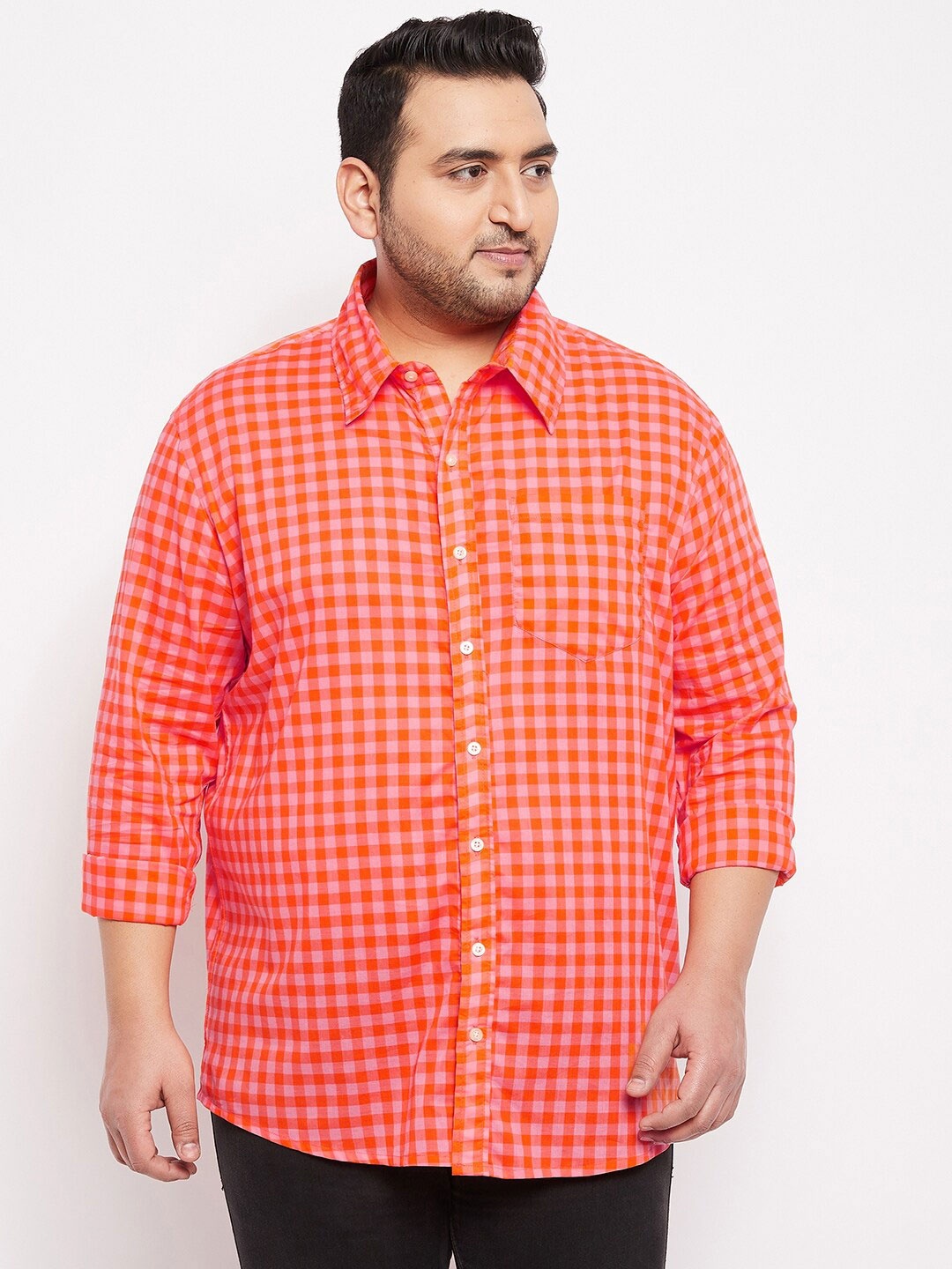 

bigbanana Plus Size Men Orange Classic Checks Printed Cotton Casual Shirt