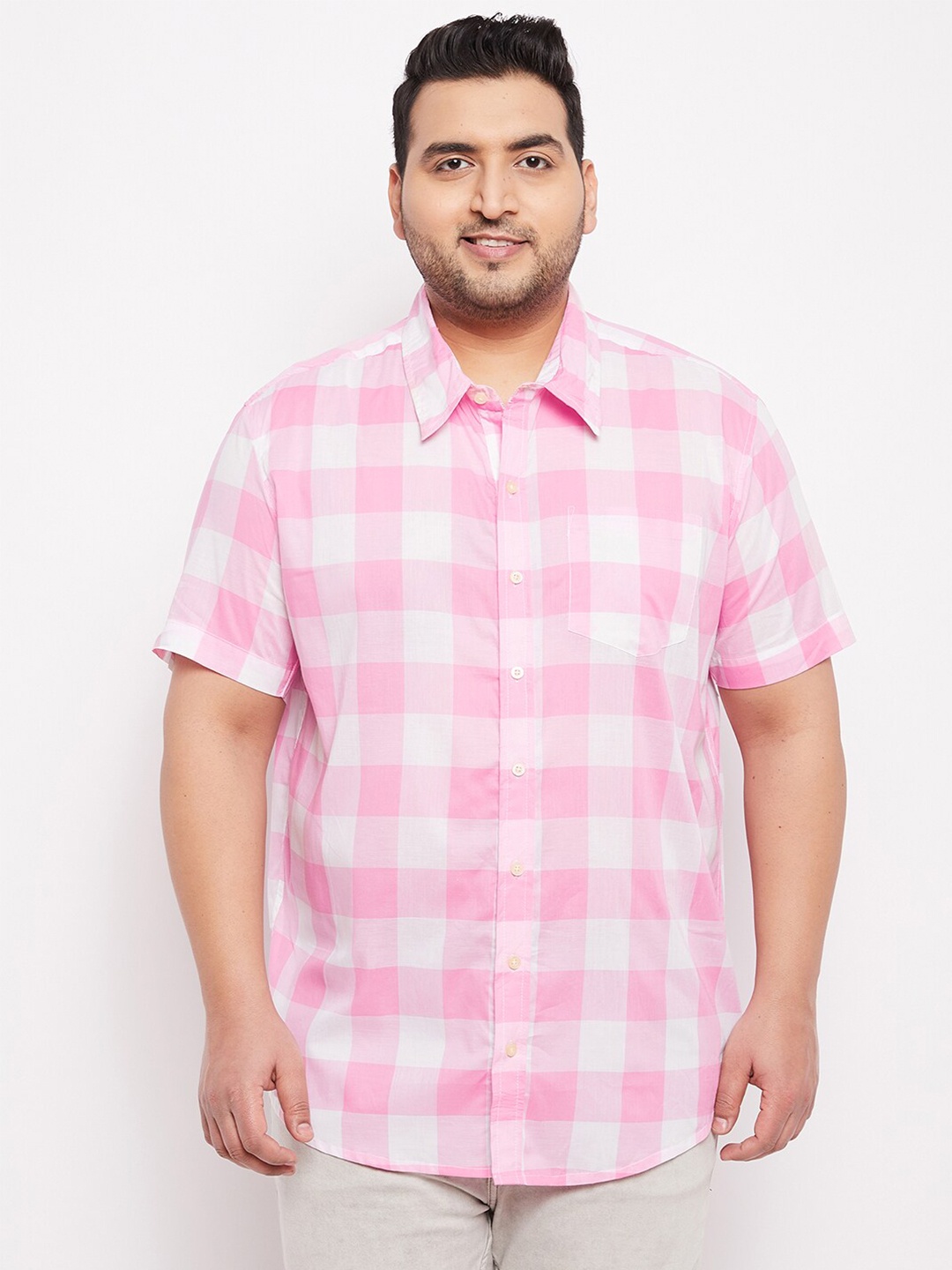 

bigbanana Men Plus Size Pink Gingham Checked Cotton Casual Shirt