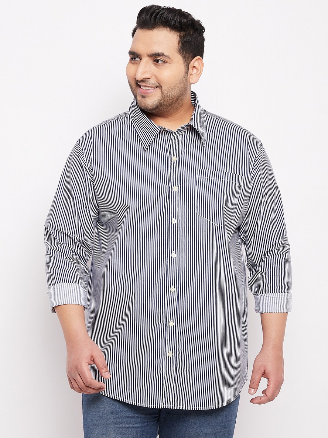 

bigbanana Men Plus Size Navy Blue Classic Bengal Stripes Striped Casual Shirt