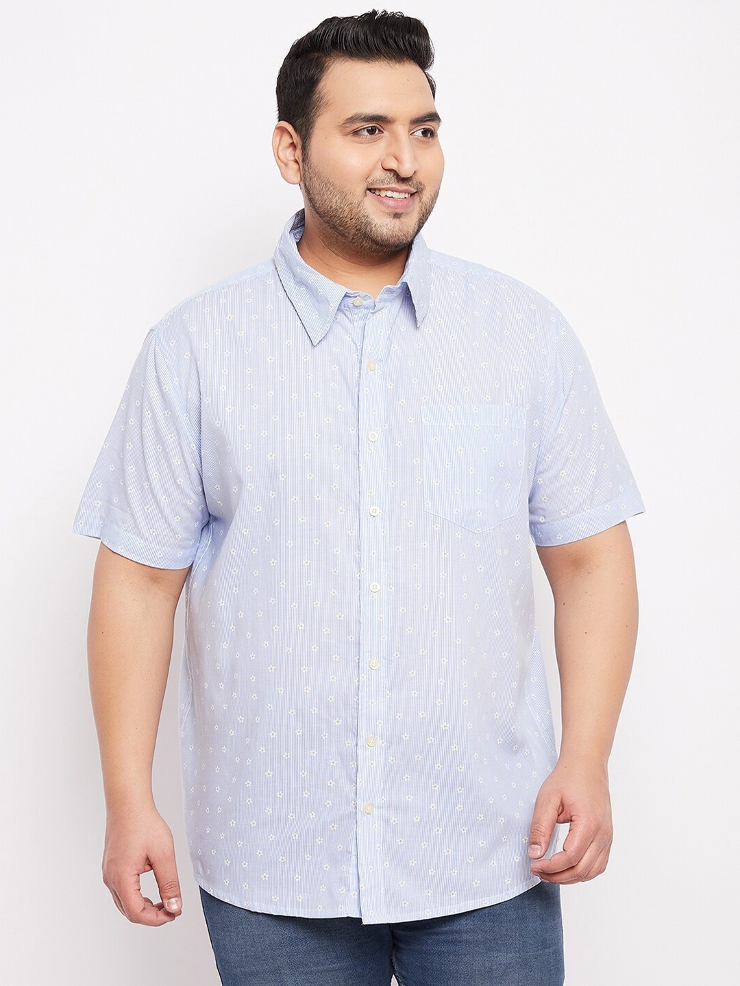 

bigbanana Men Plus Size Blue Classic Pinstripes Striped Casual Shirt