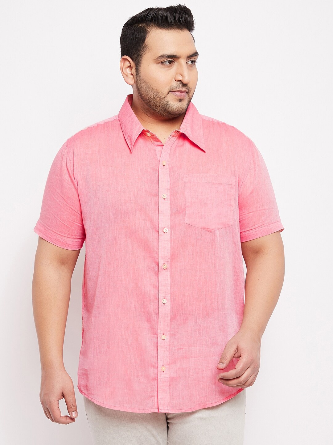 

bigbanana Plus Size Men Pink Solid Classic Cotton Casual Shirt