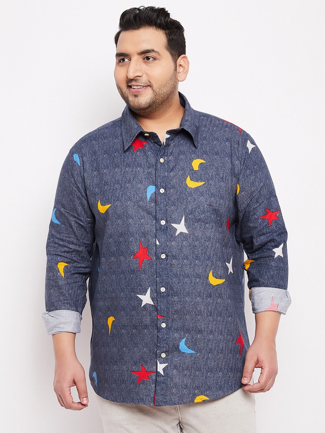 

bigbanana Plus Size Men Blue Classic Printed Cotton Casual Shirt