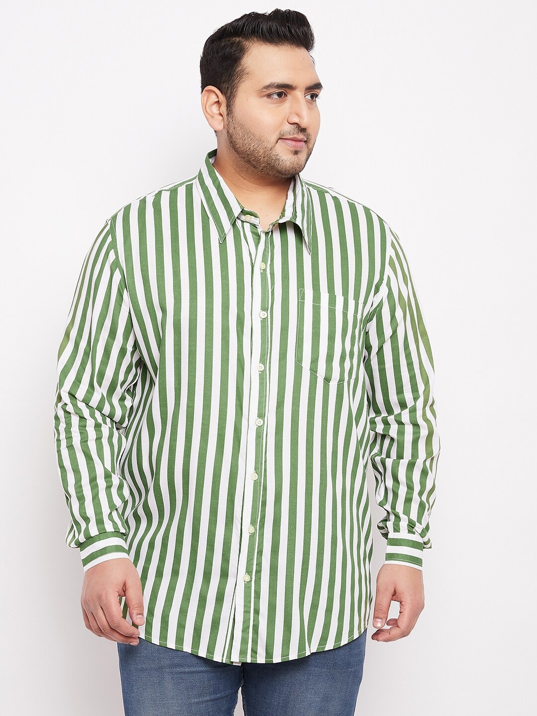 

bigbanana Men Plus Size Green & White Striped Cotton Casual Shirt