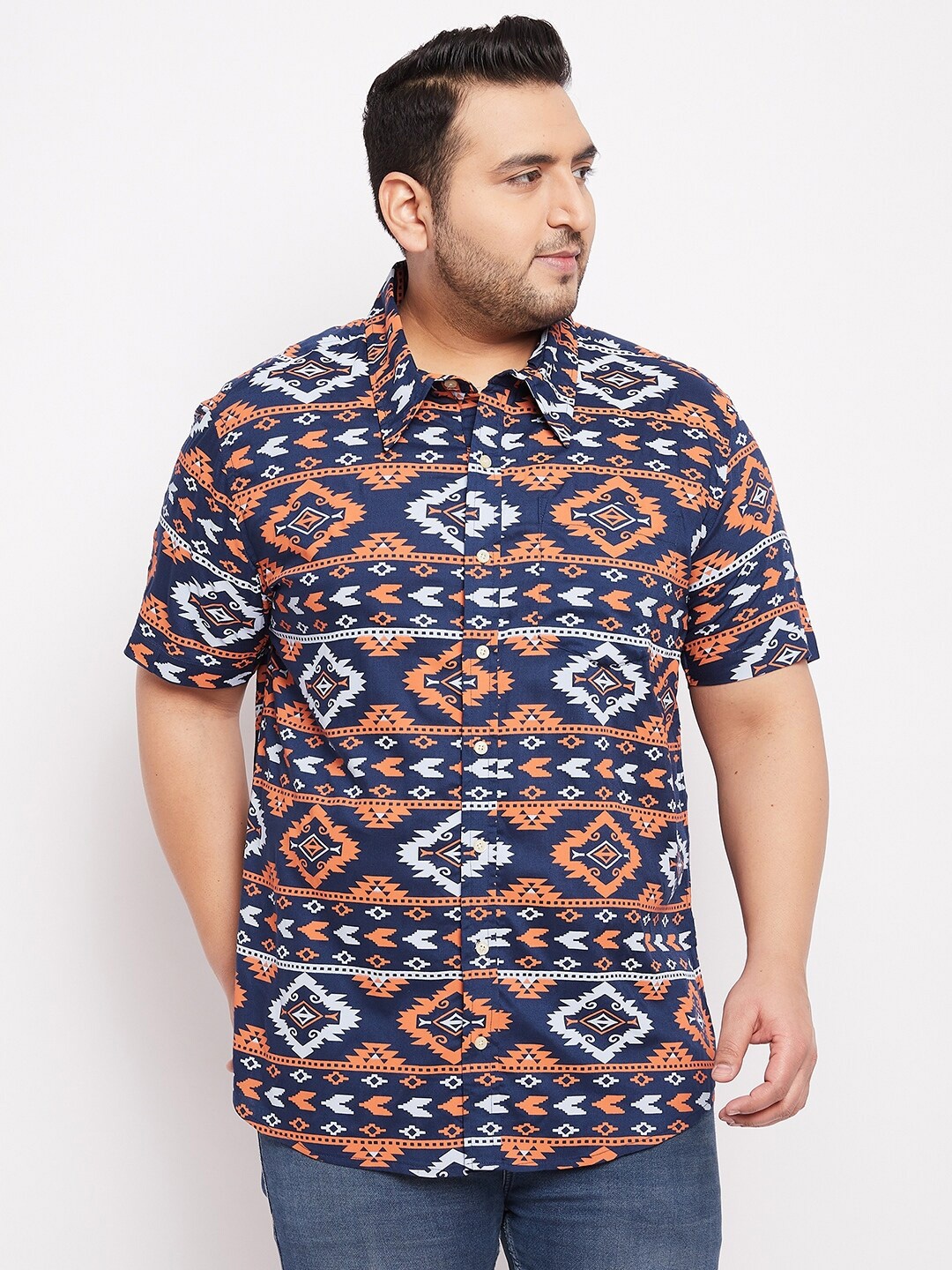 

bigbanana Men Plus Size Navy Blue & Orange Printed Cotton Casual Shirt