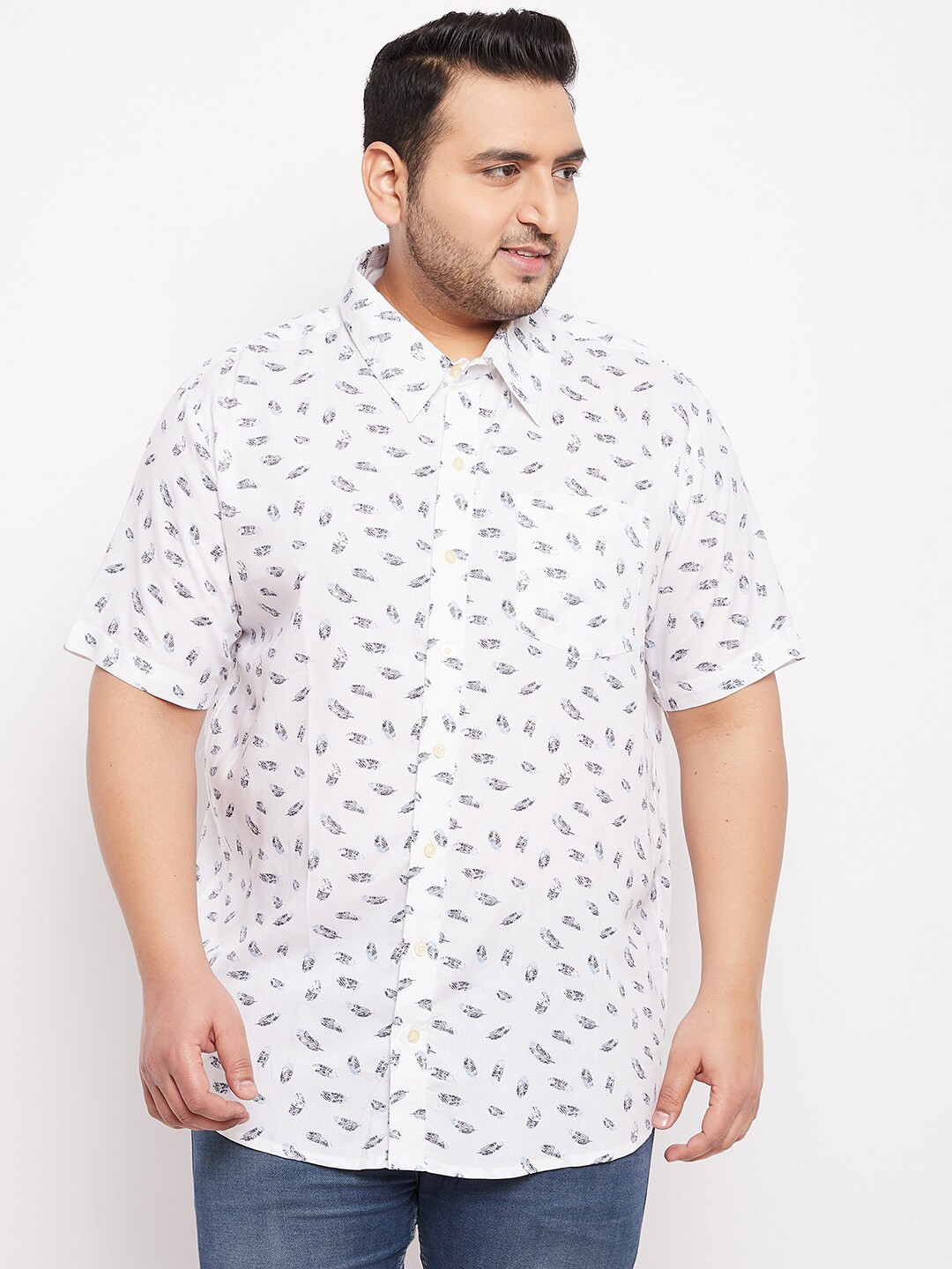 

bigbanana Plus Size Men White Classic Printed Cotton Casual Shirt