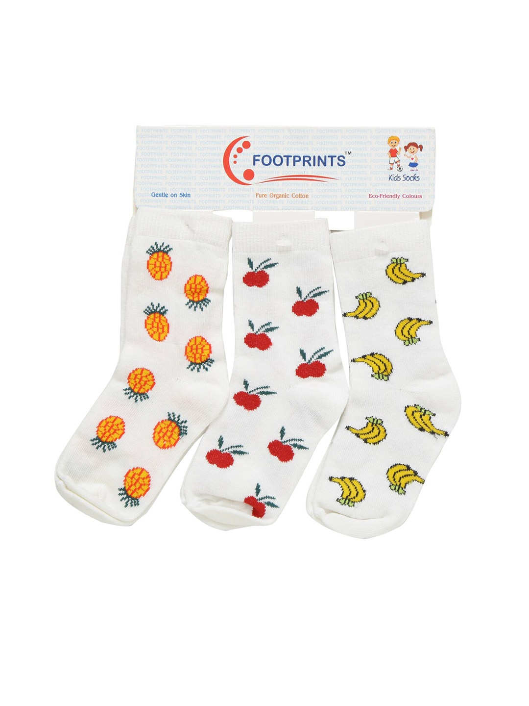 

FOOTPRINT 3 Pairs Infant Kids Patterned Ankle-Length Organic Cotton Socks, White
