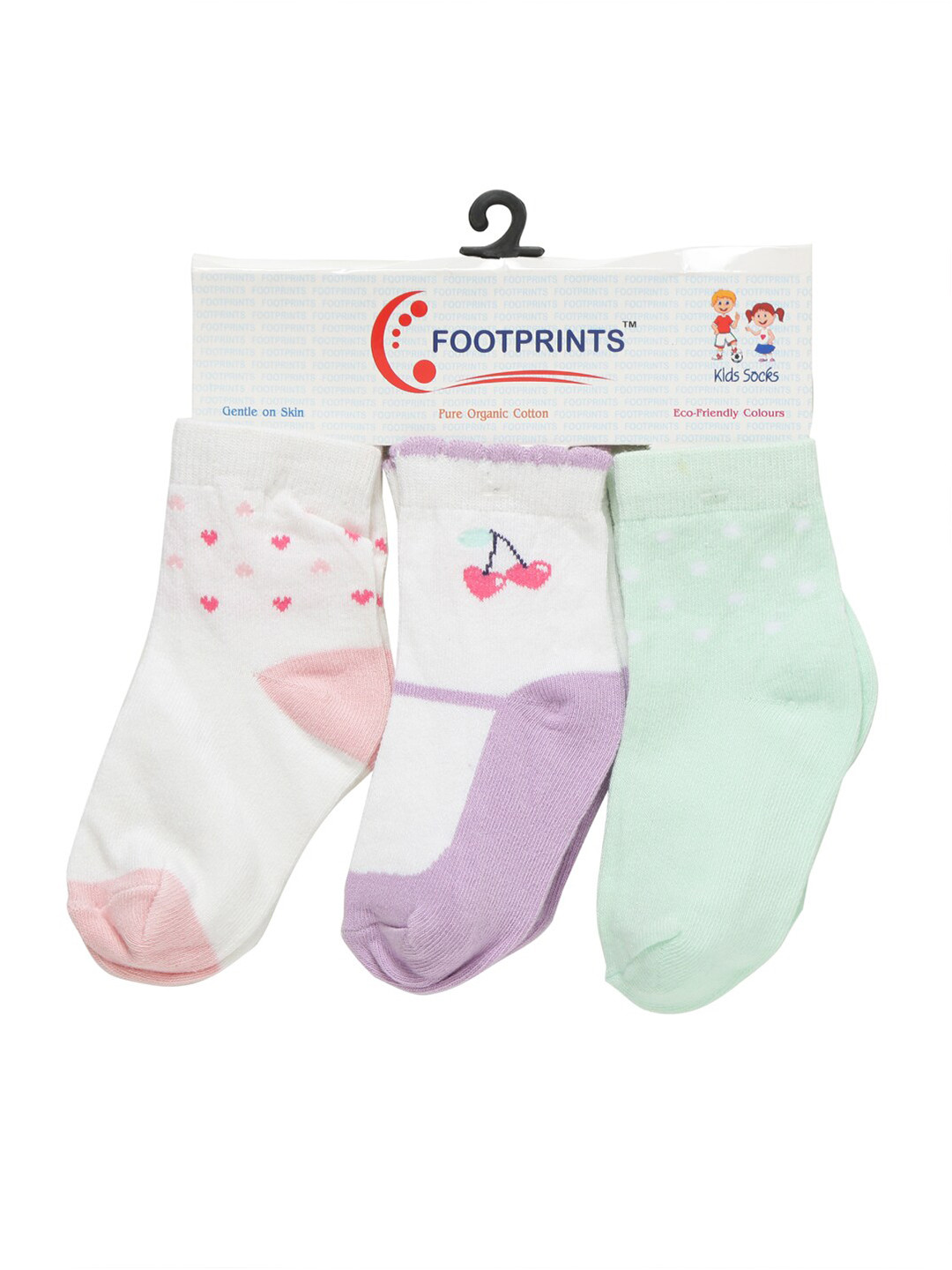 

FOOTPRINT 3 Pairs Infant Kids Patterned Ankle-Length Organic Cotton Socks, White