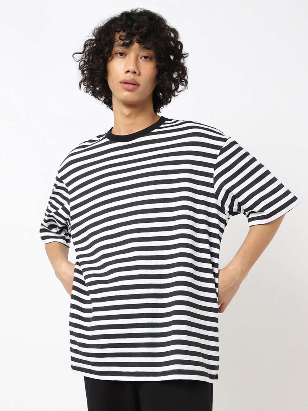

Bewakoof Men White & Black Striped Cotton T-shirt