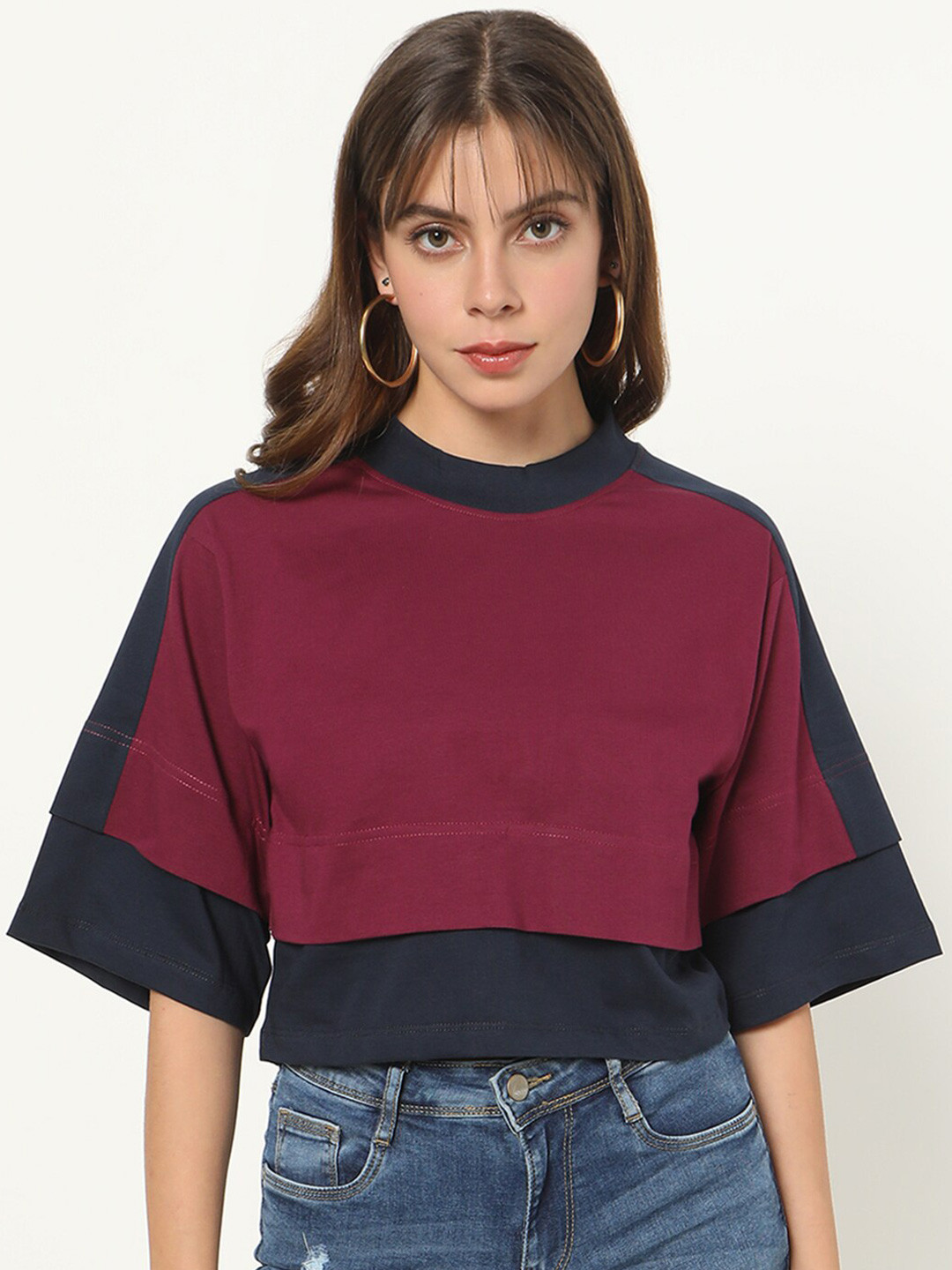 

Bewakoof Women Purple & Blue Colourblocked Extended Sleeves Cotton T-shirt