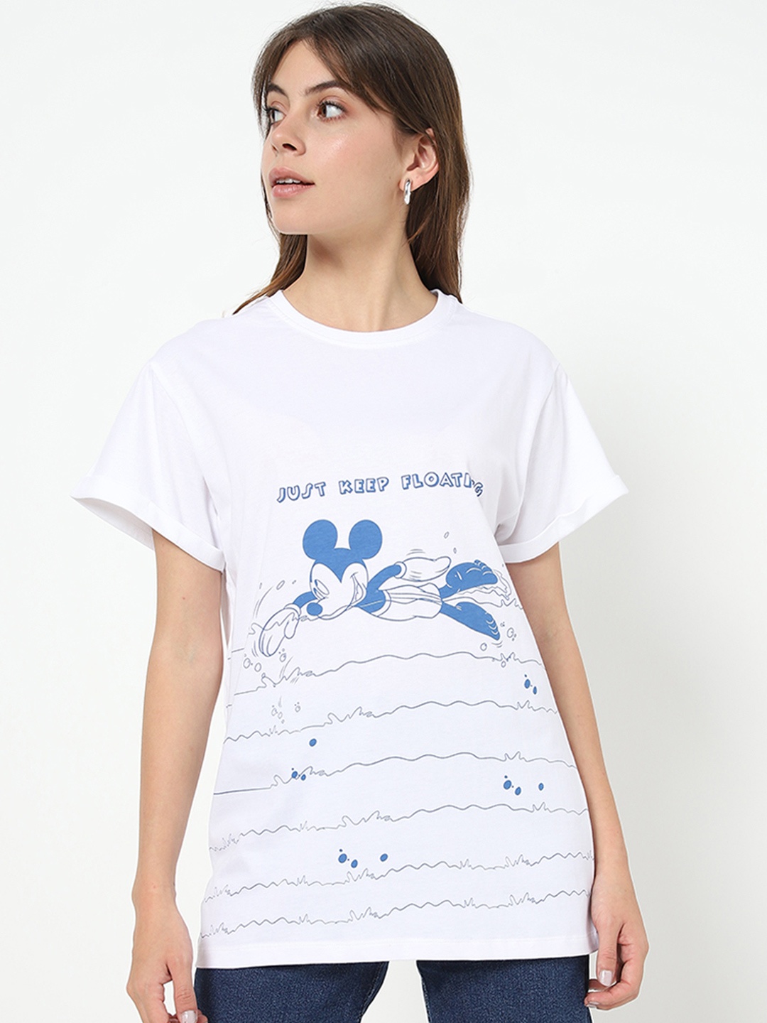 

Bewakoof Women Mickey Mouse Printed Loose Cotton T-shirt, White