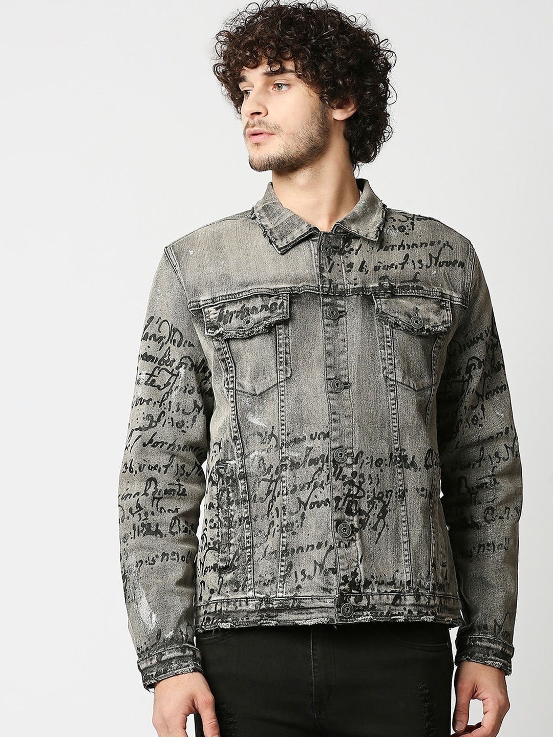

WAIMEA Men Charcoal Black Washed Denim Jacket