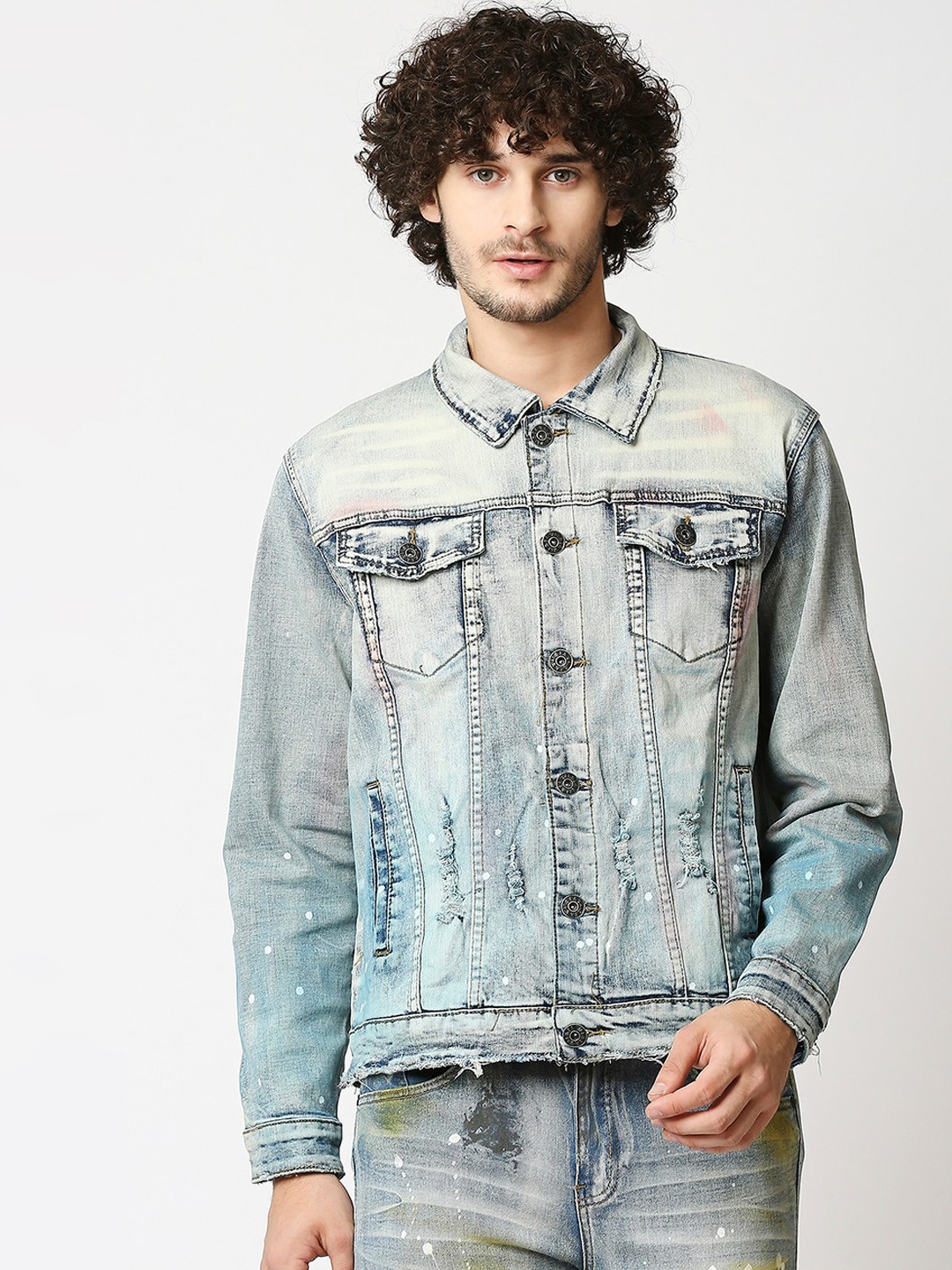 

WAIMEA Men Blue Washed Color Splashed Denim Jacket