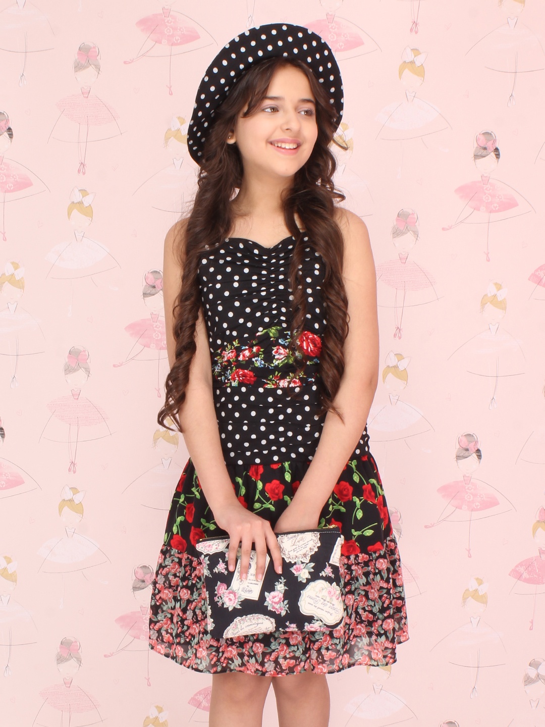 CUTECUMBER Girls Black & Red Floral Printed Georgette Dress