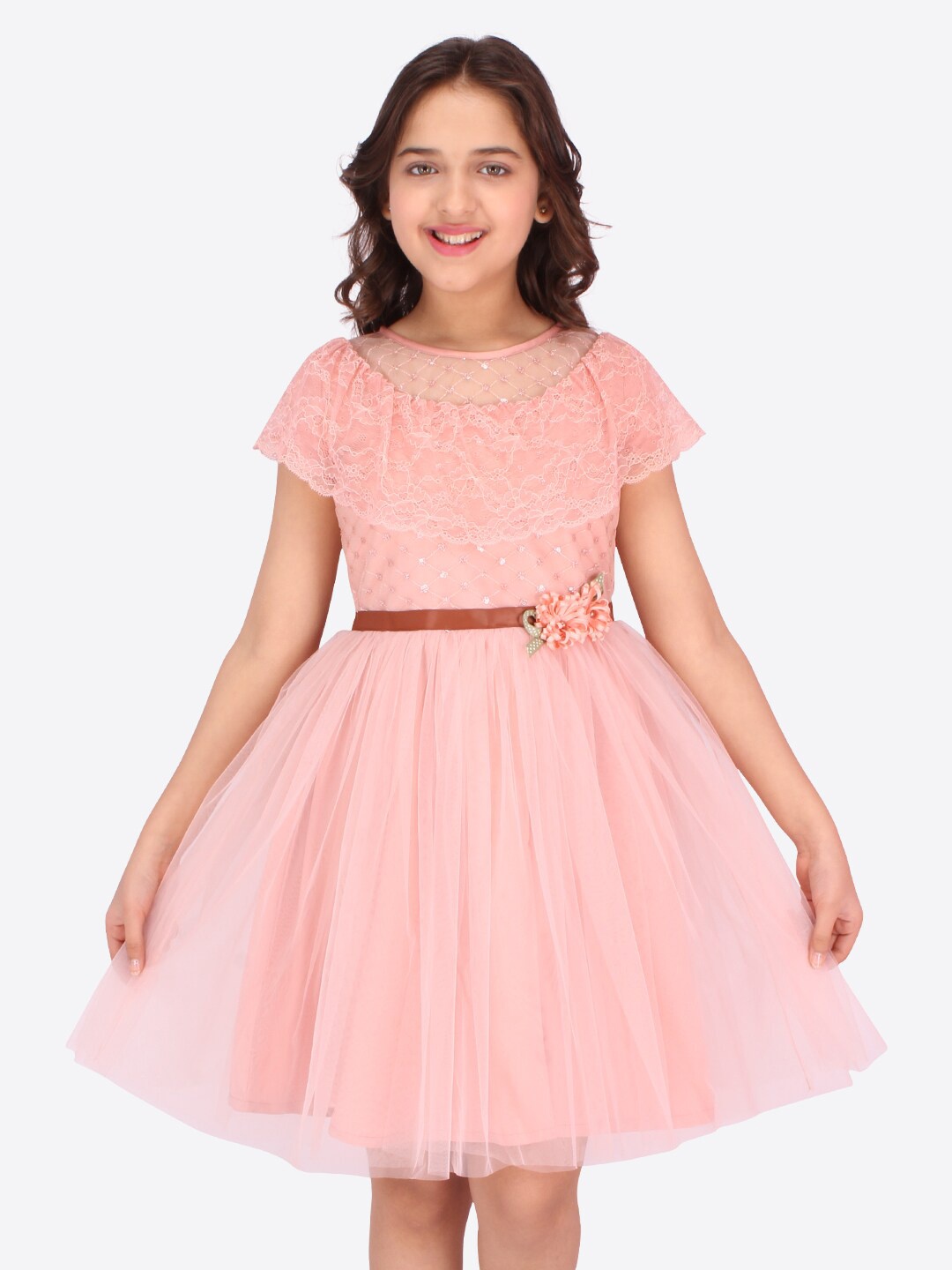 

CUTECUMBER Girls Peach Fit & Flare Net Dress