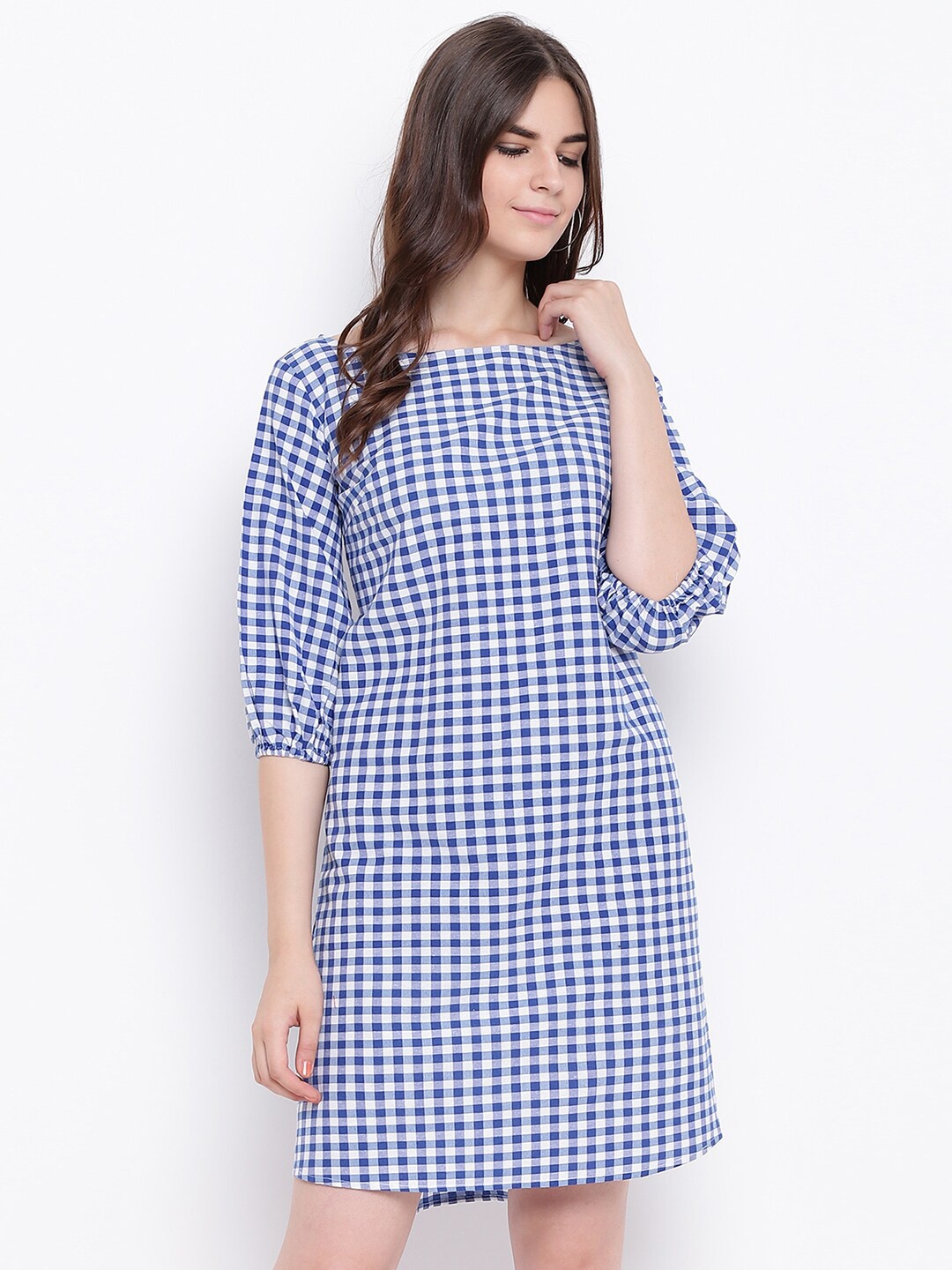 

FABNEST Women Blue Checked A-Line Cotton Dress